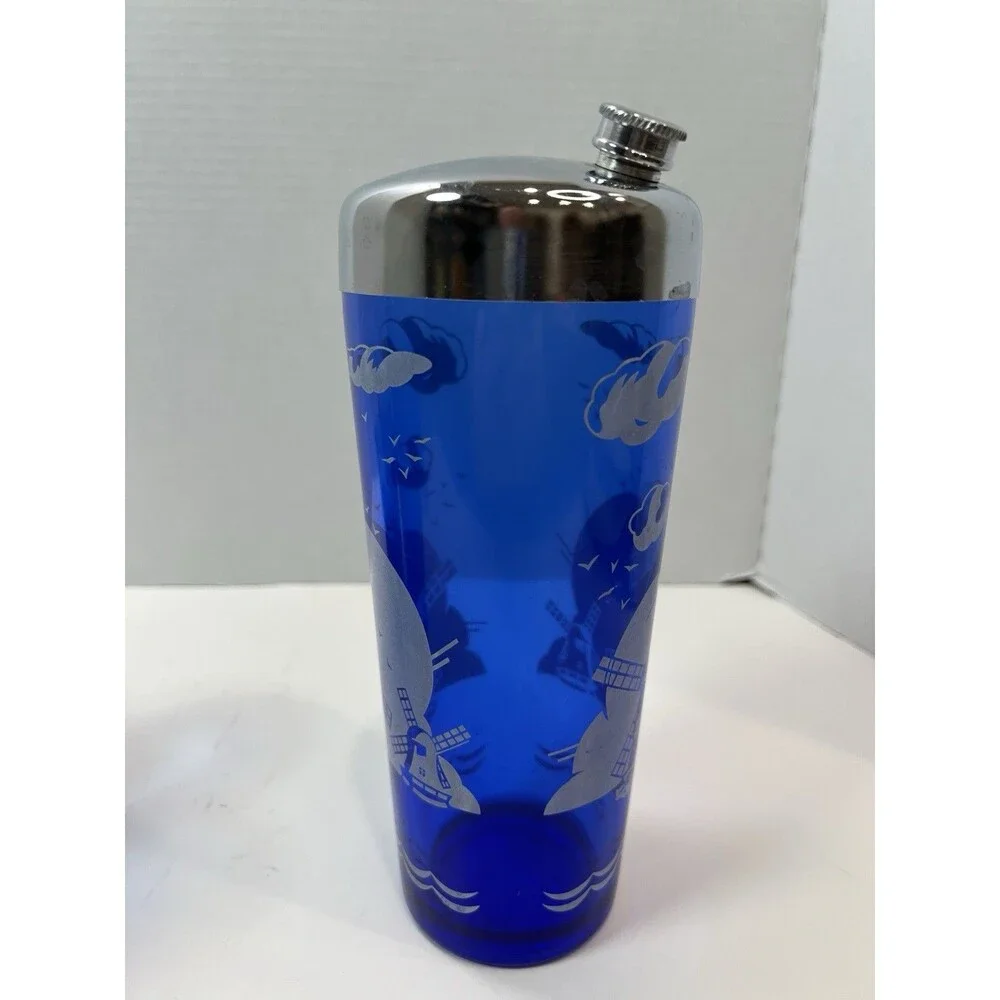 Vintage Hazel Atlas Cobalt Blue Windmill Cocktail Shaker ice bucket 4 glasses
